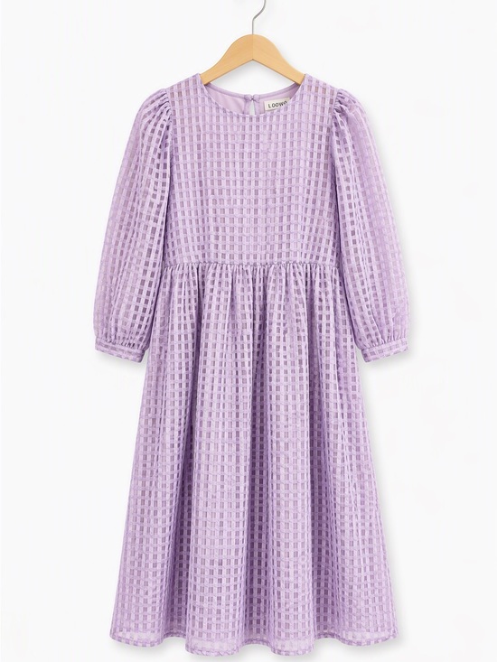 LOOWO Other - LOOWÔ Mauve Grid Gingham Textured Puff Sleeve Midi Dress M Cottagecore